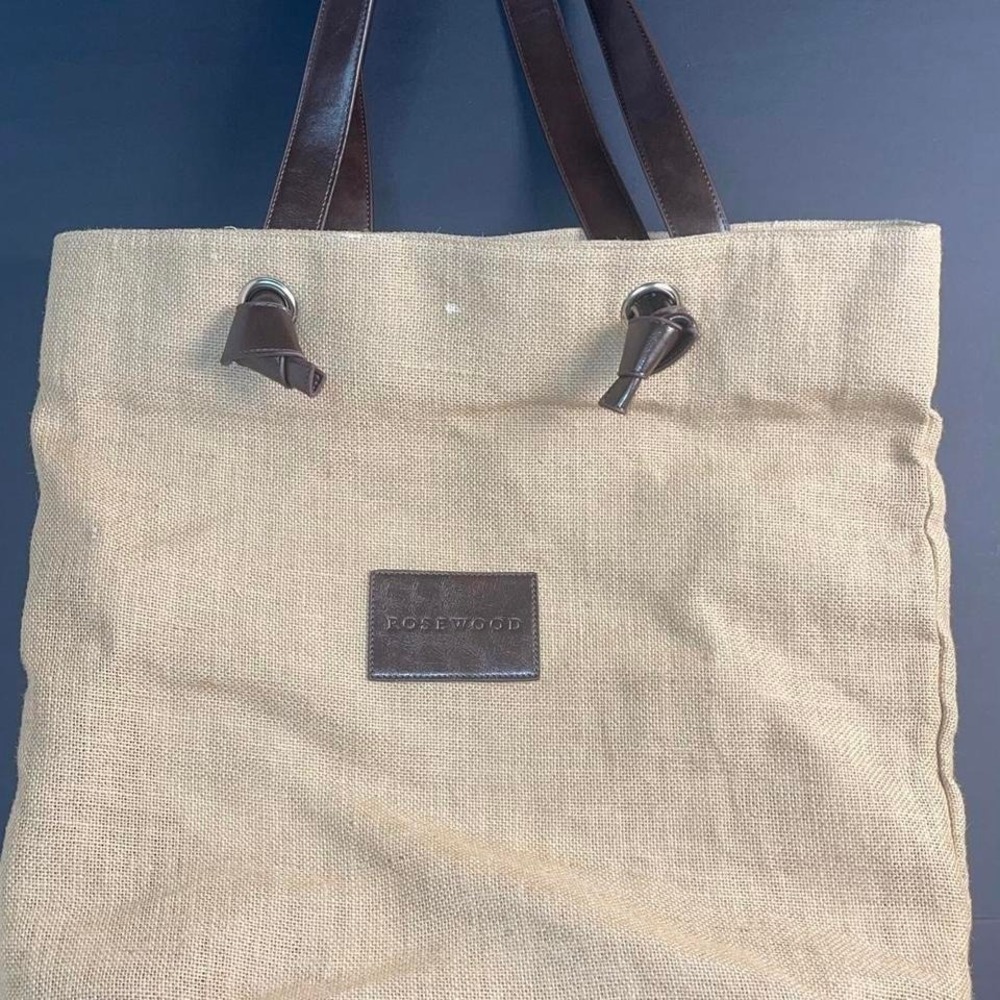Rosewood brown leather and jute/burlap‎ purse shopping/beach tote bag